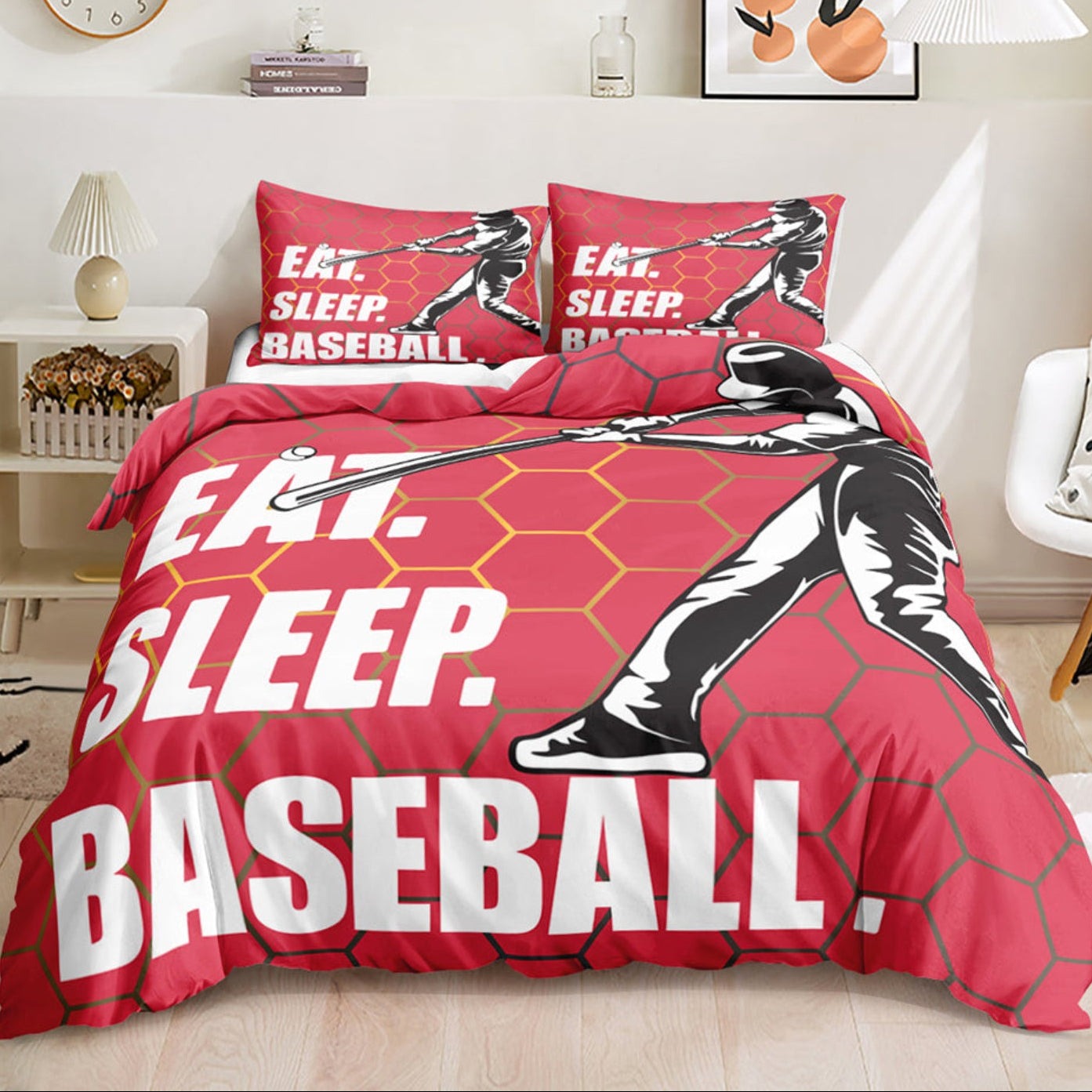 Baseball-themed bedding set with 'Eat. Sleep. Baseball.'