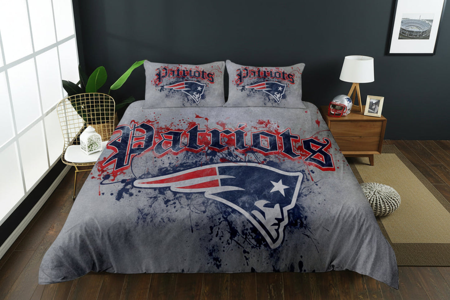 Bedding set with 'Patriots' logo in a room setting