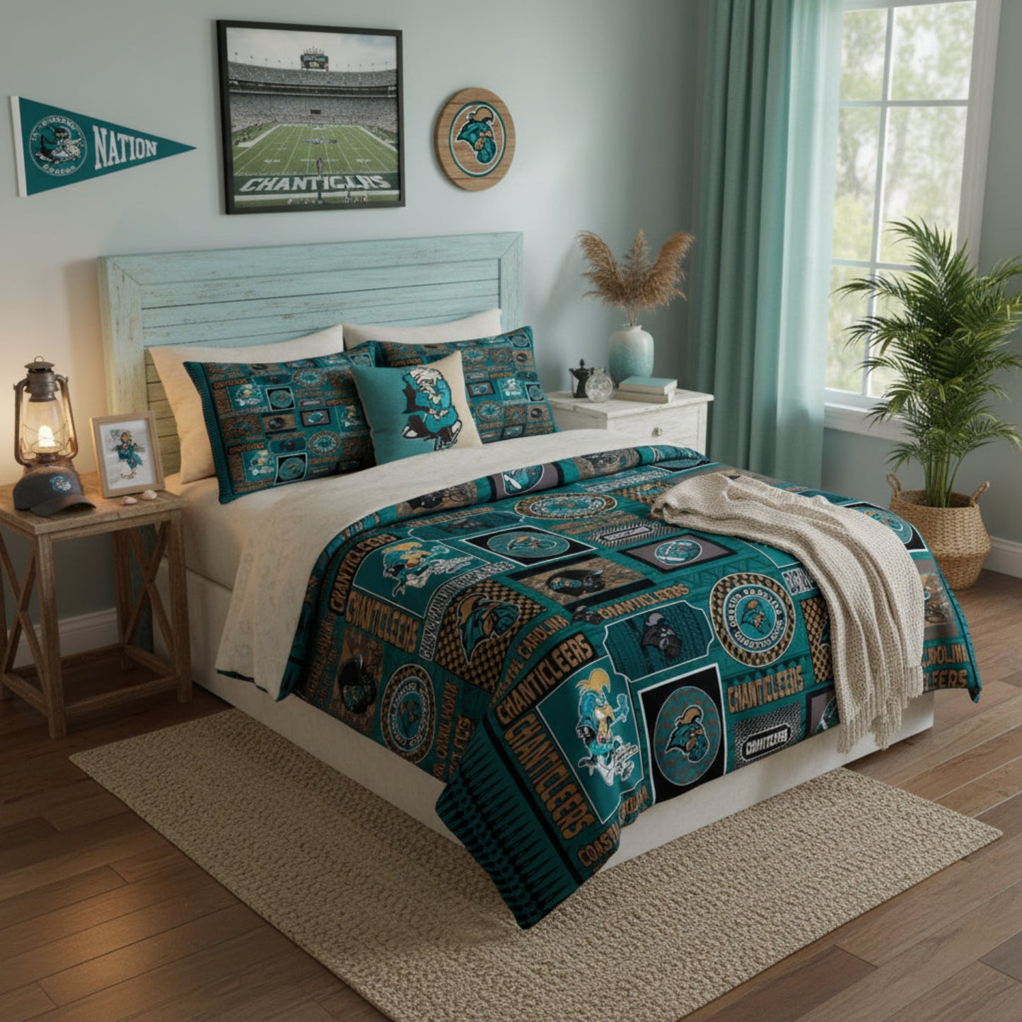 Bedding set with Coastal Carolina Chanticleers logos and designs