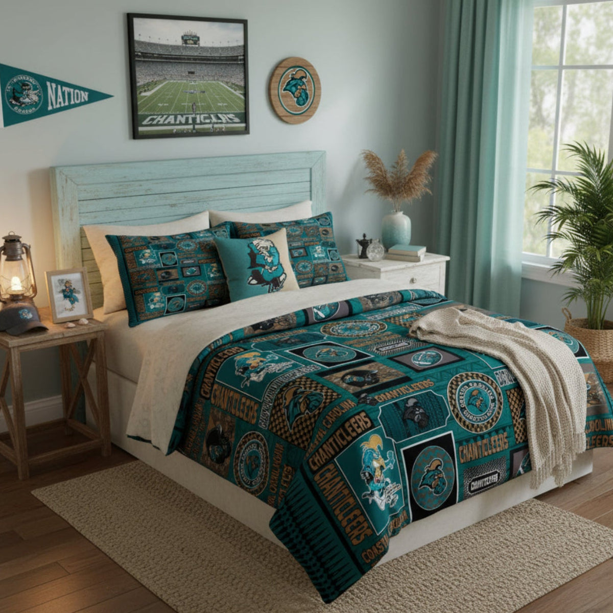 Bedding set with Coastal Carolina Chanticleers logos and designs