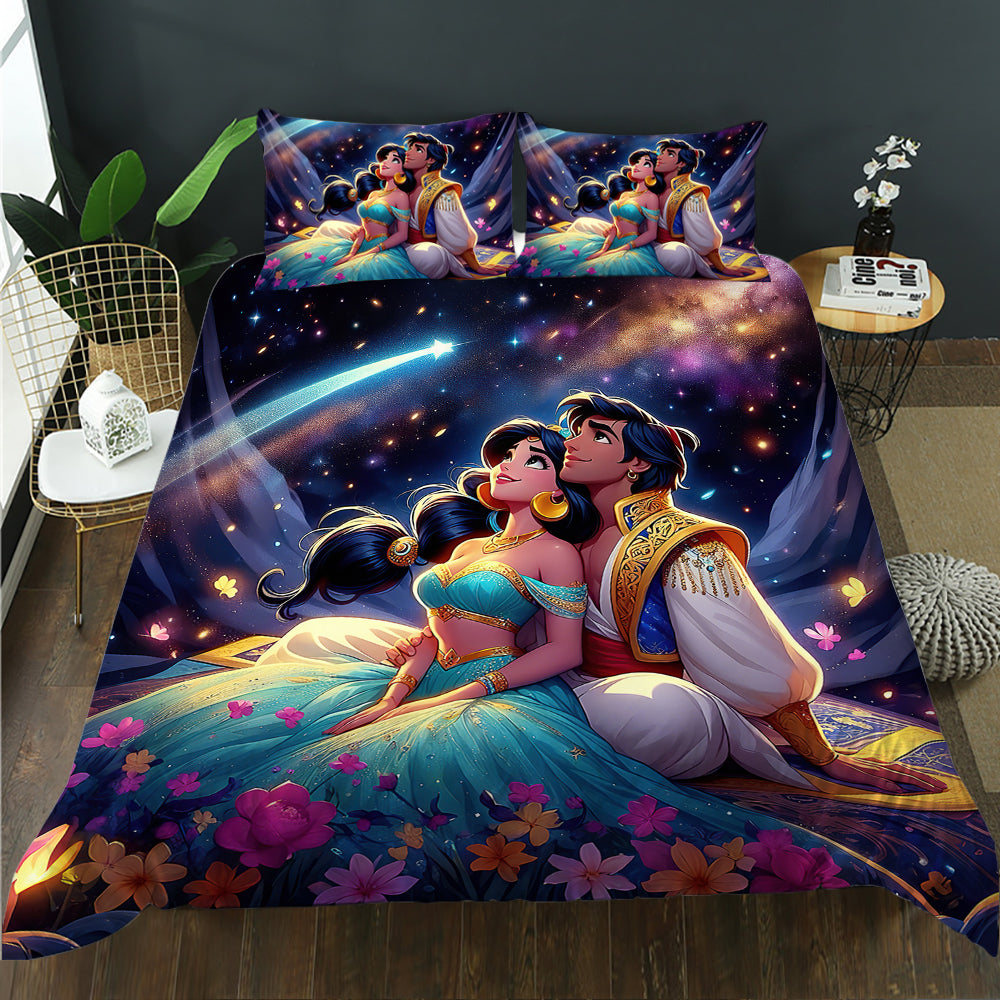 Bedding set with Aladdin and Jasmine design on a bed in a room.