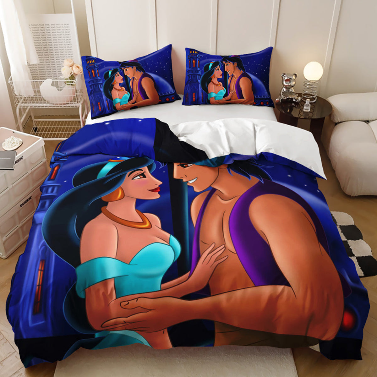 Bedding set with Aladdin and Jasmine design in a bedroom setting