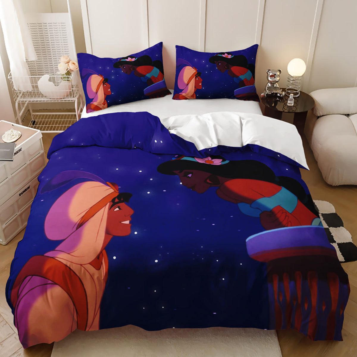 Bedding set with Aladdin and Jasmine design in a bedroom setting