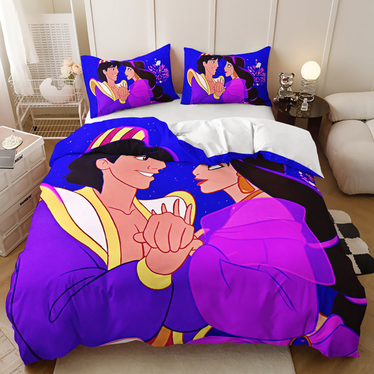 Bedding set with Aladdin and Jasmine design in a bedroom setting
