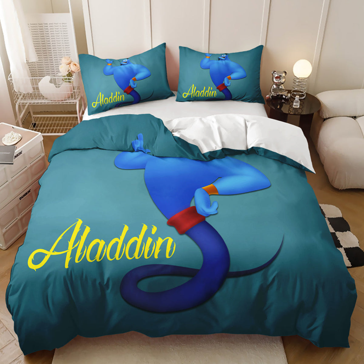 Bedding set with Aladdin design on a bed in a bedroom setting