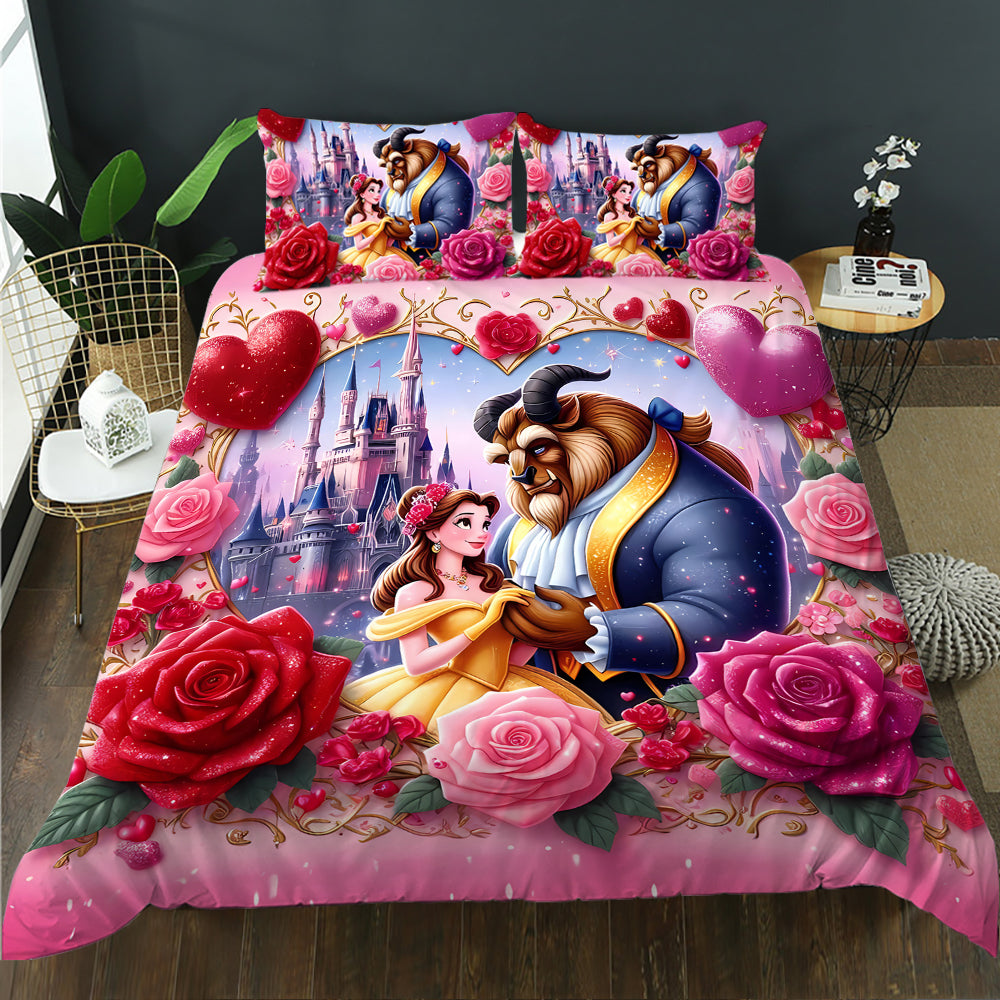 Bedding set with Beauty and the Beast design featuring roses and a castle.