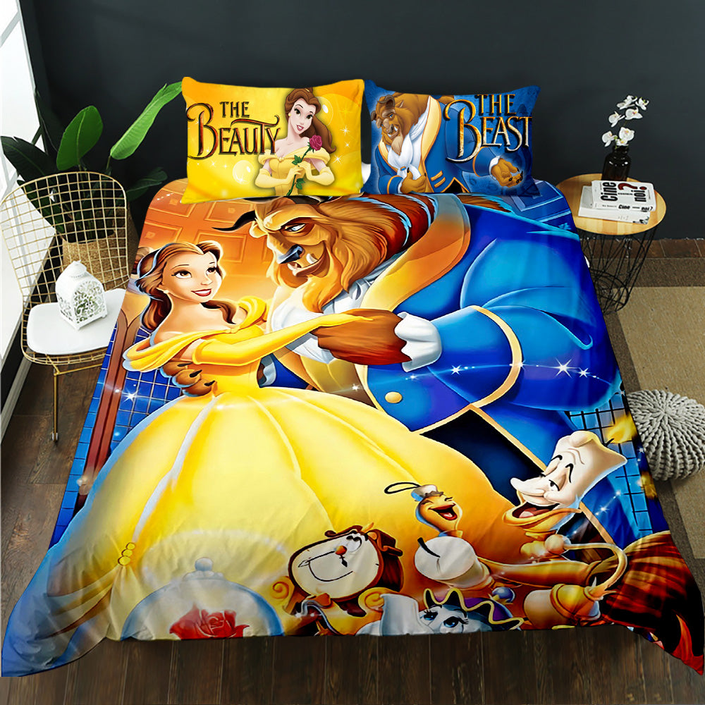 Bedding set with Beauty and the Beast theme featuring characters from the Disney movie.
