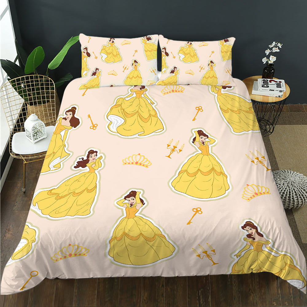 Bedding set with Belle character design on a bed in a room setting.