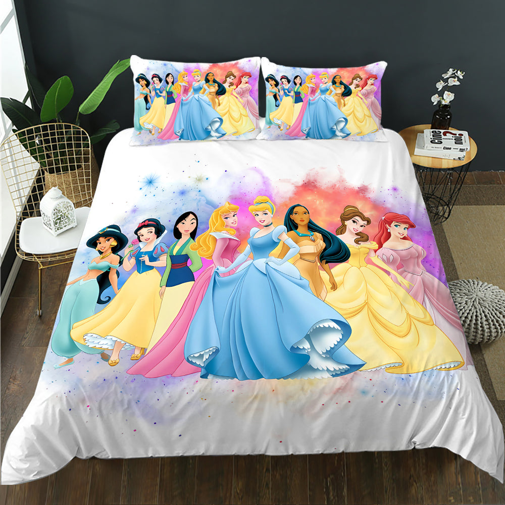 Bedding set with Disney princesses design on a bed in a room.