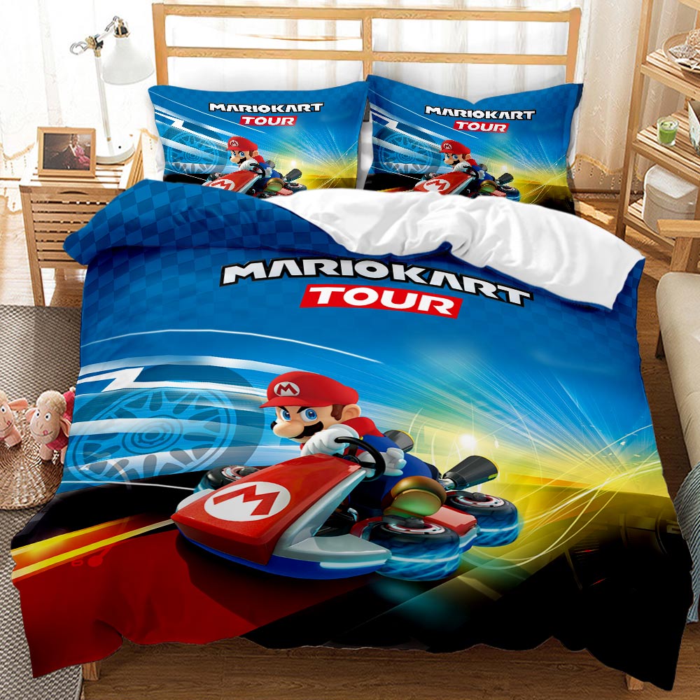 Bedding set with Mario Kart Tour design featuring a character in a racing kart.