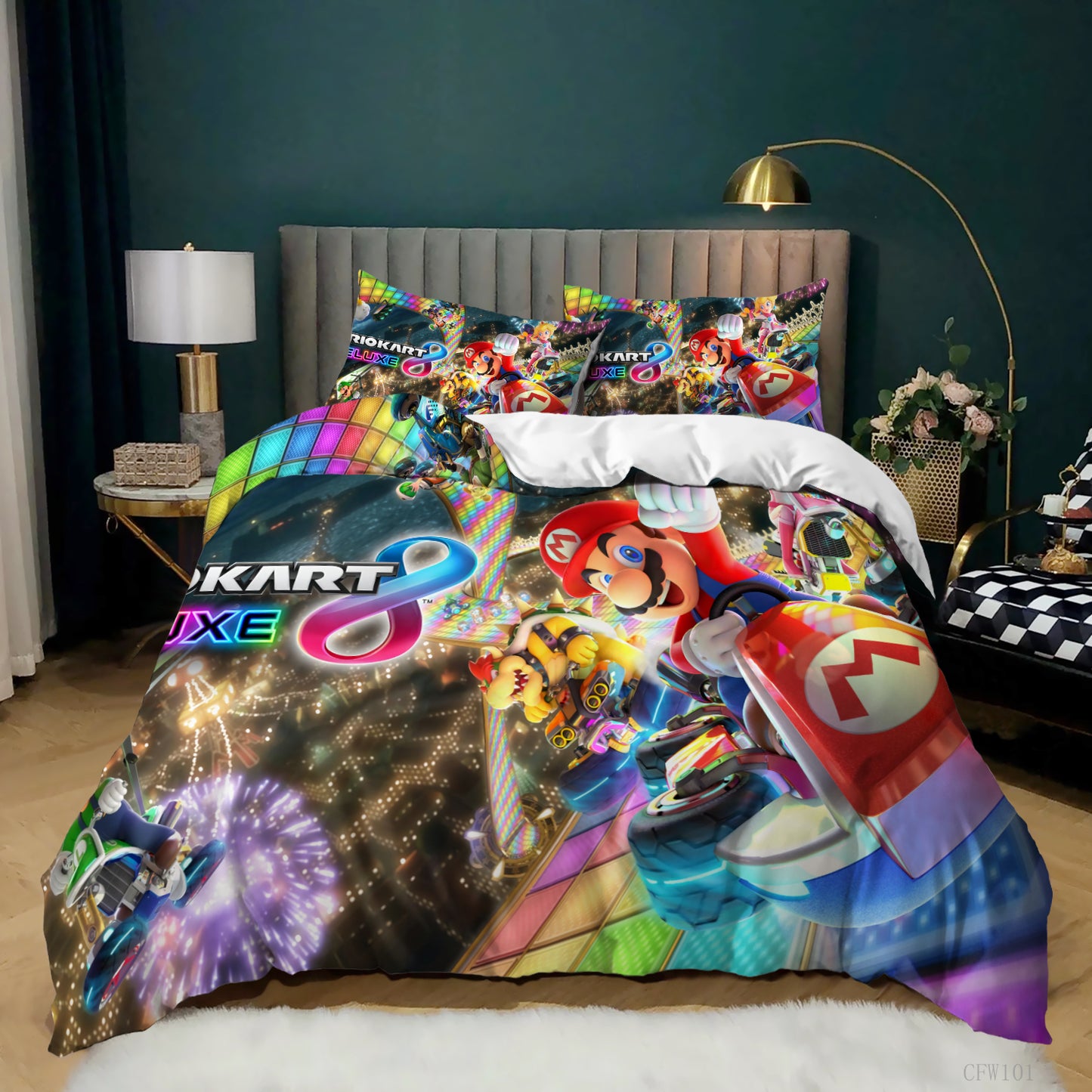 Bedding set with Mario Kart design in a bedroom setting