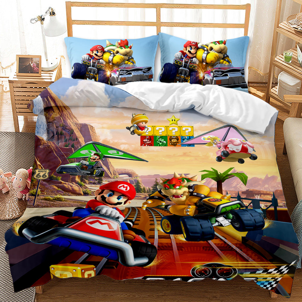 Bedding set with Mario Kart design featuring characters and vehicles on a bed.