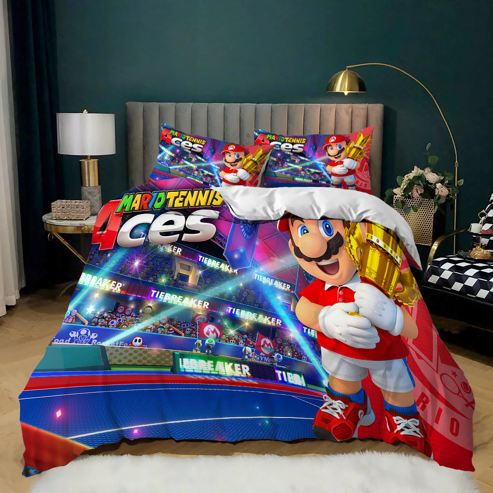 Bedding set with Mario Tennis Aces design featuring a character holding a trophy on a bed.