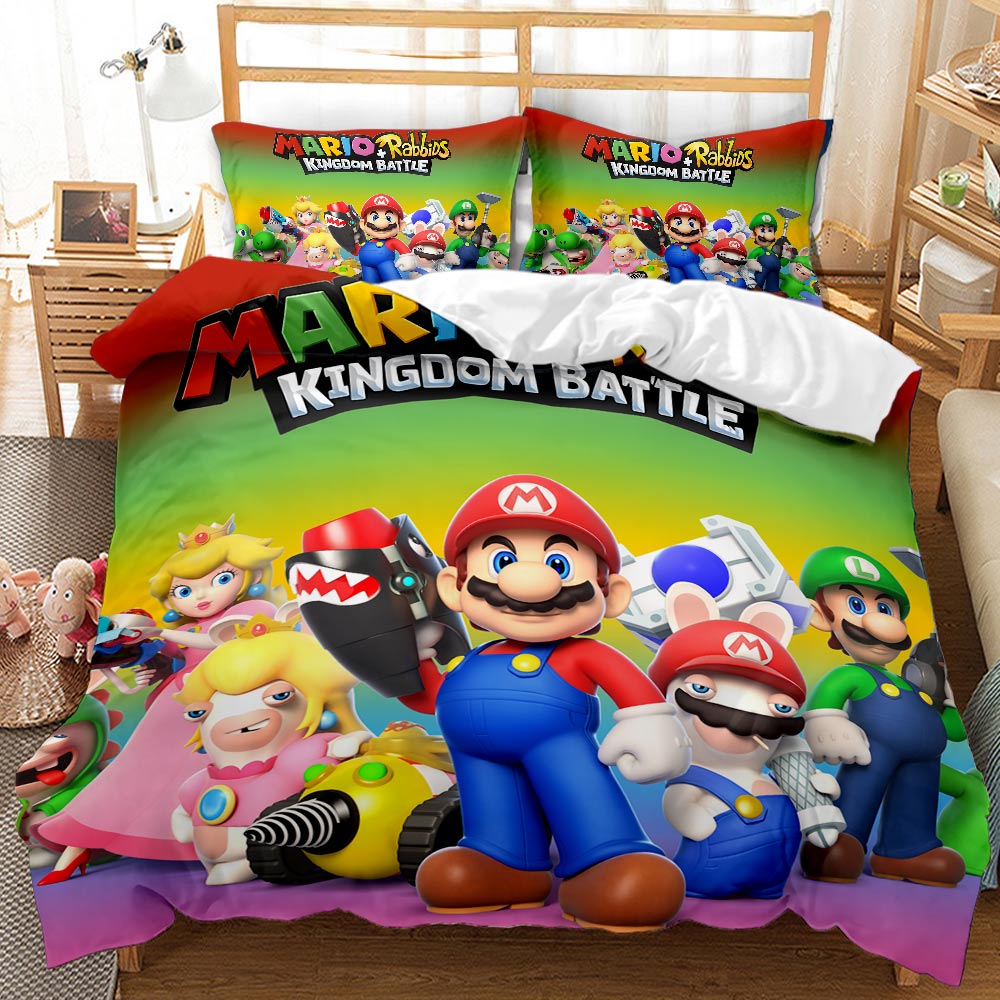 Bedding set with Mario and Luigi characters from 'Super Mario Kingdom Battle' on a bed.