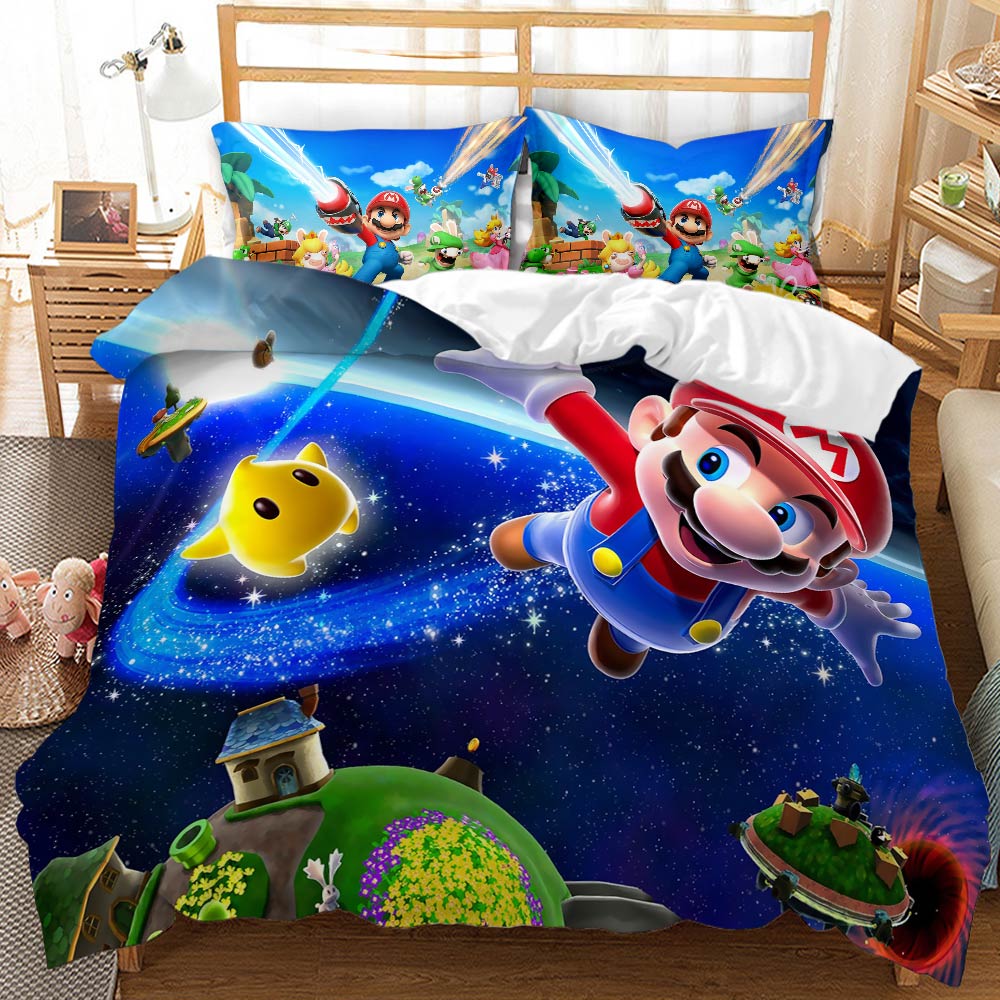 Bedding set with Mario and Luigi design on a bed