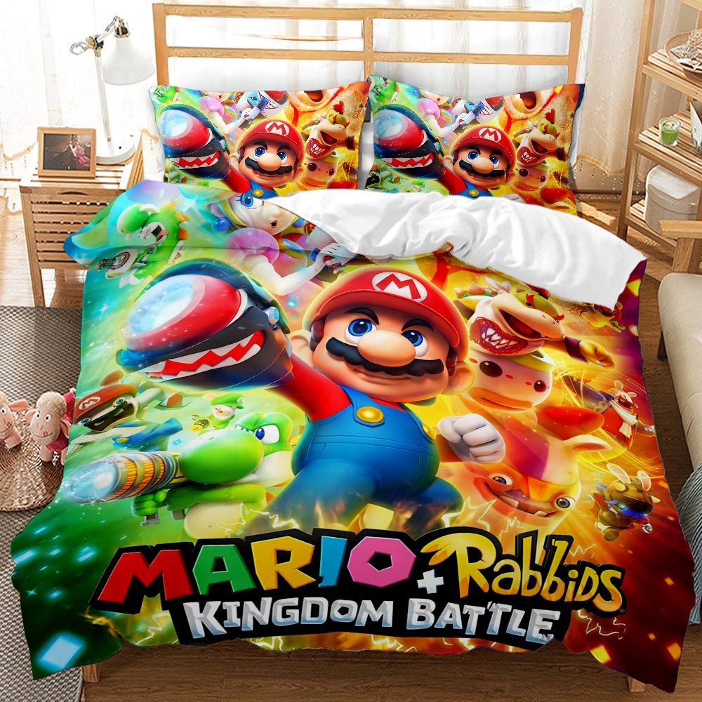 Bedding set with Mario and Rabbids Kingdom Battle design on a bed.