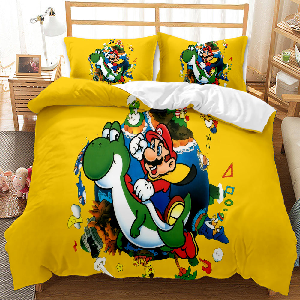 Bedding set with Mario and Yoshi design on a bed in a room setting.