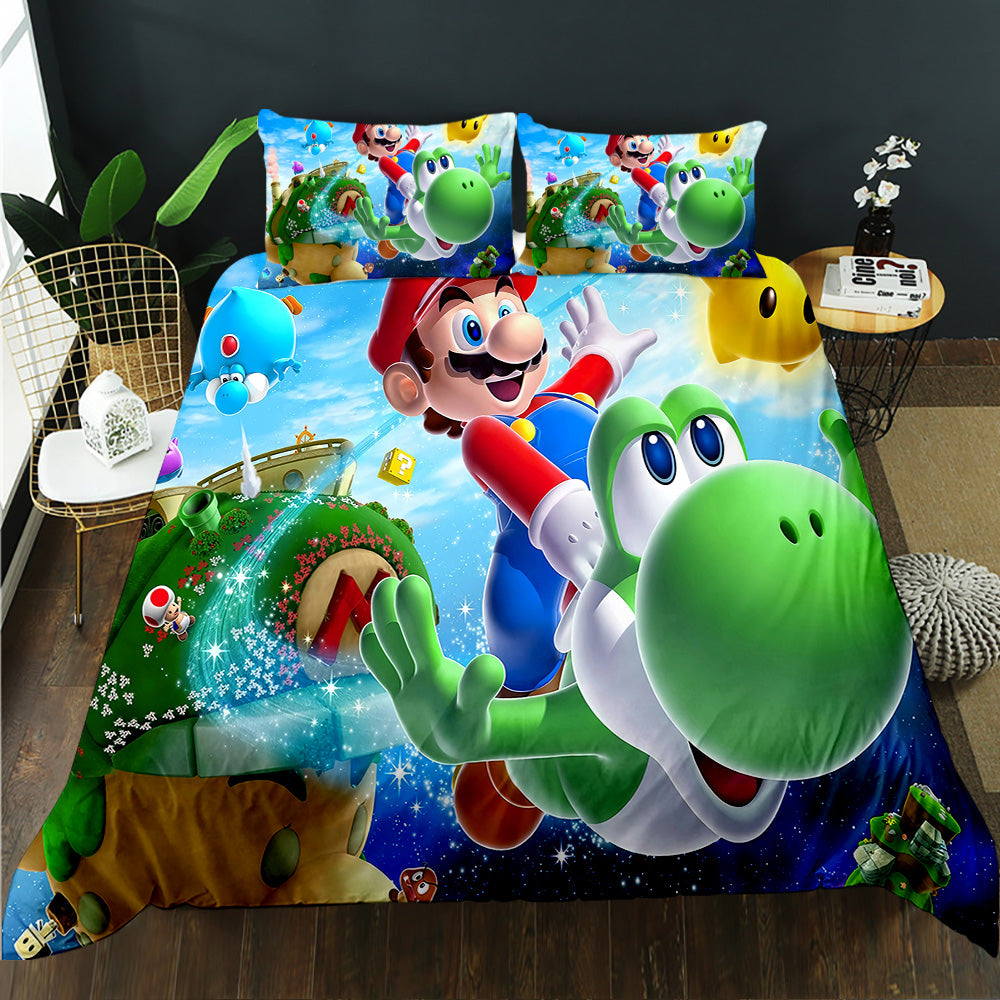 Bedding set with Mario and Yoshi design on a bed