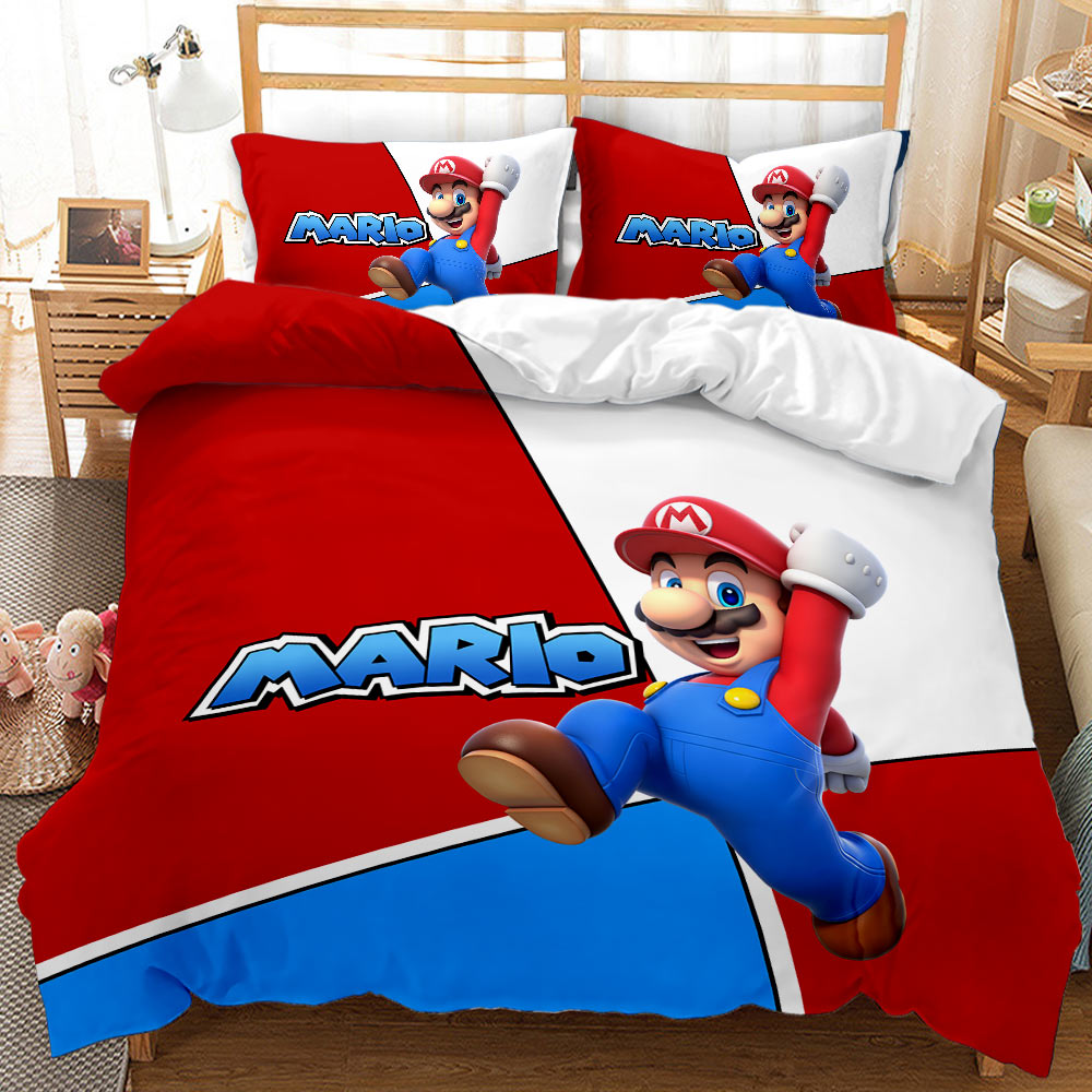 Bedding set with Mario character and red, white, and blue design in a bedroom setting.