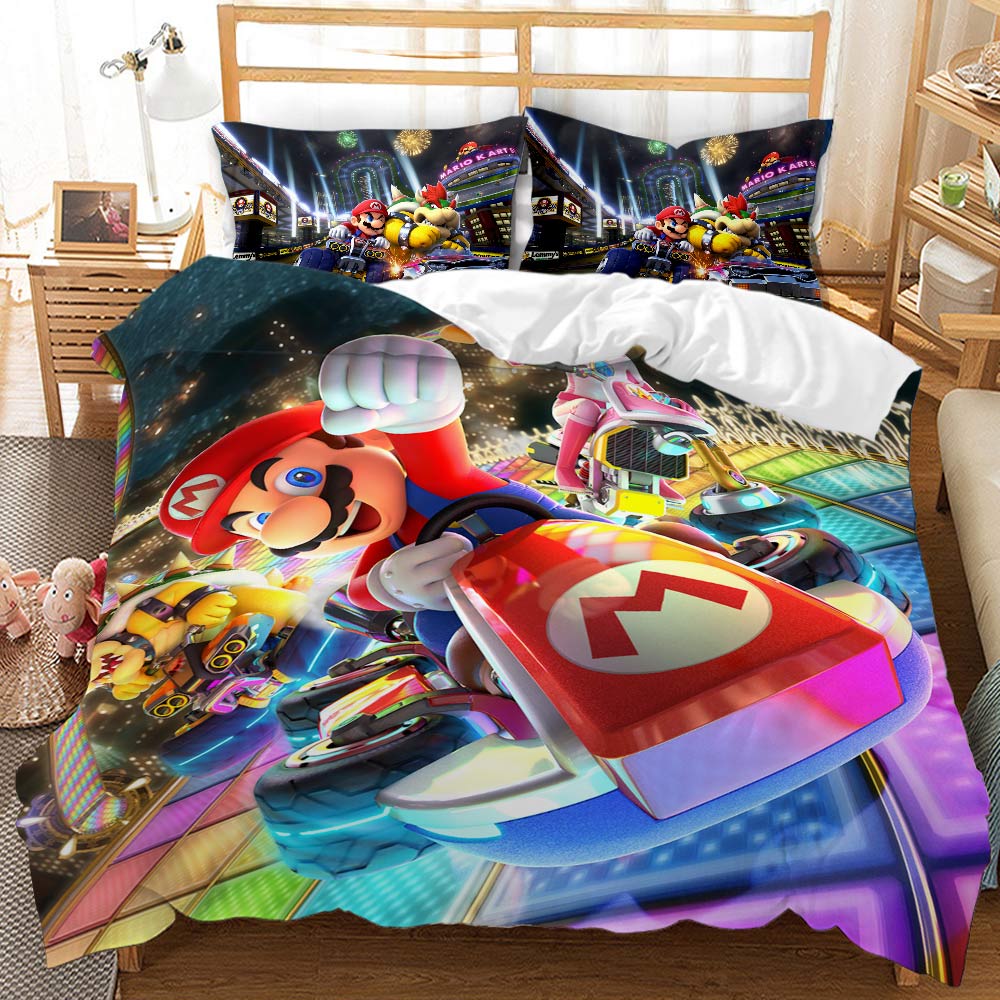 Bedding set with Mario design on a bed in a room setting