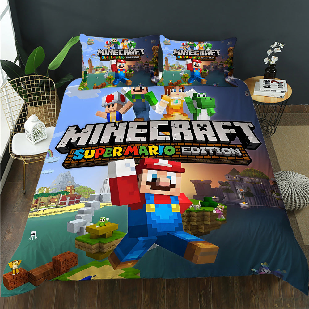 Bedding set with Minecraft and Super Mario design in a bedroom setting