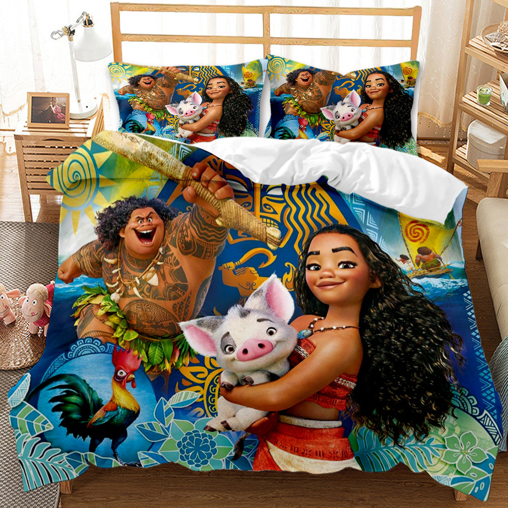 Bedding set with Moana and Maui characters on a bed