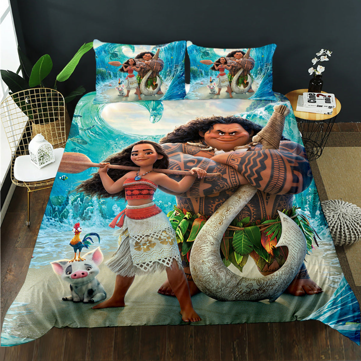 Bedding set with Moana and Maui characters from Disney's 'Moana' in a bedroom setting.