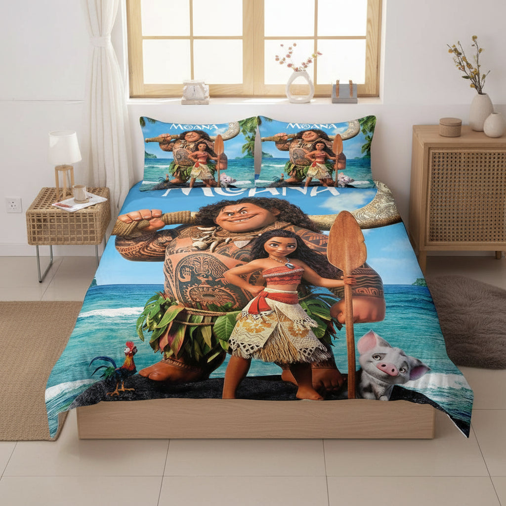 Bedding set with Moana and Maui characters on a bed