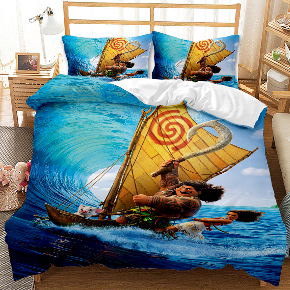 Bedding set with Moana and Maui design on a bed