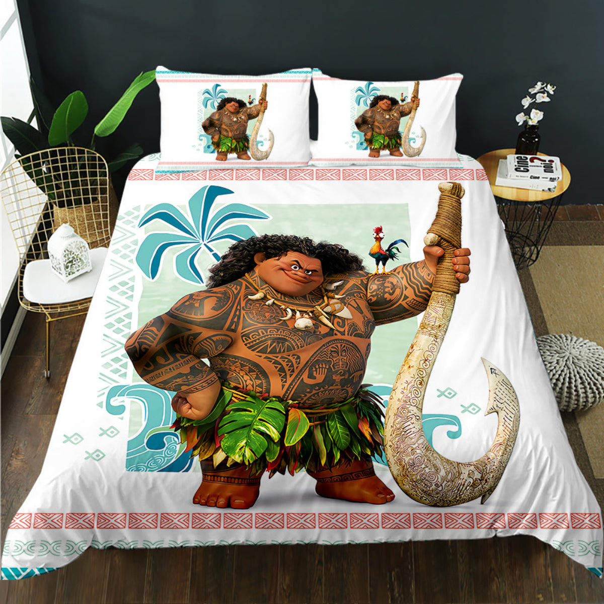 Bedding set with Moana character design featuring Maui holding a hook on a bed in a room.
