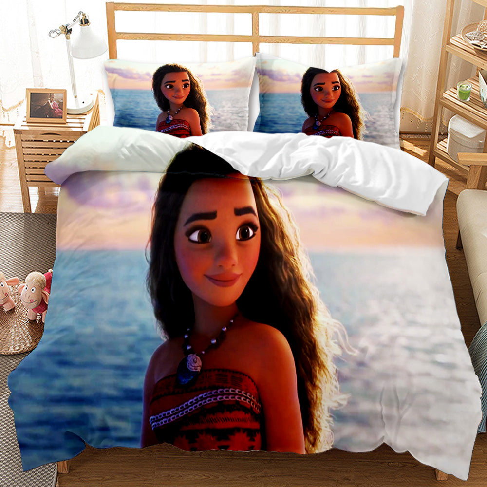 Bedding set with Moana design featuring a girl in a room.
