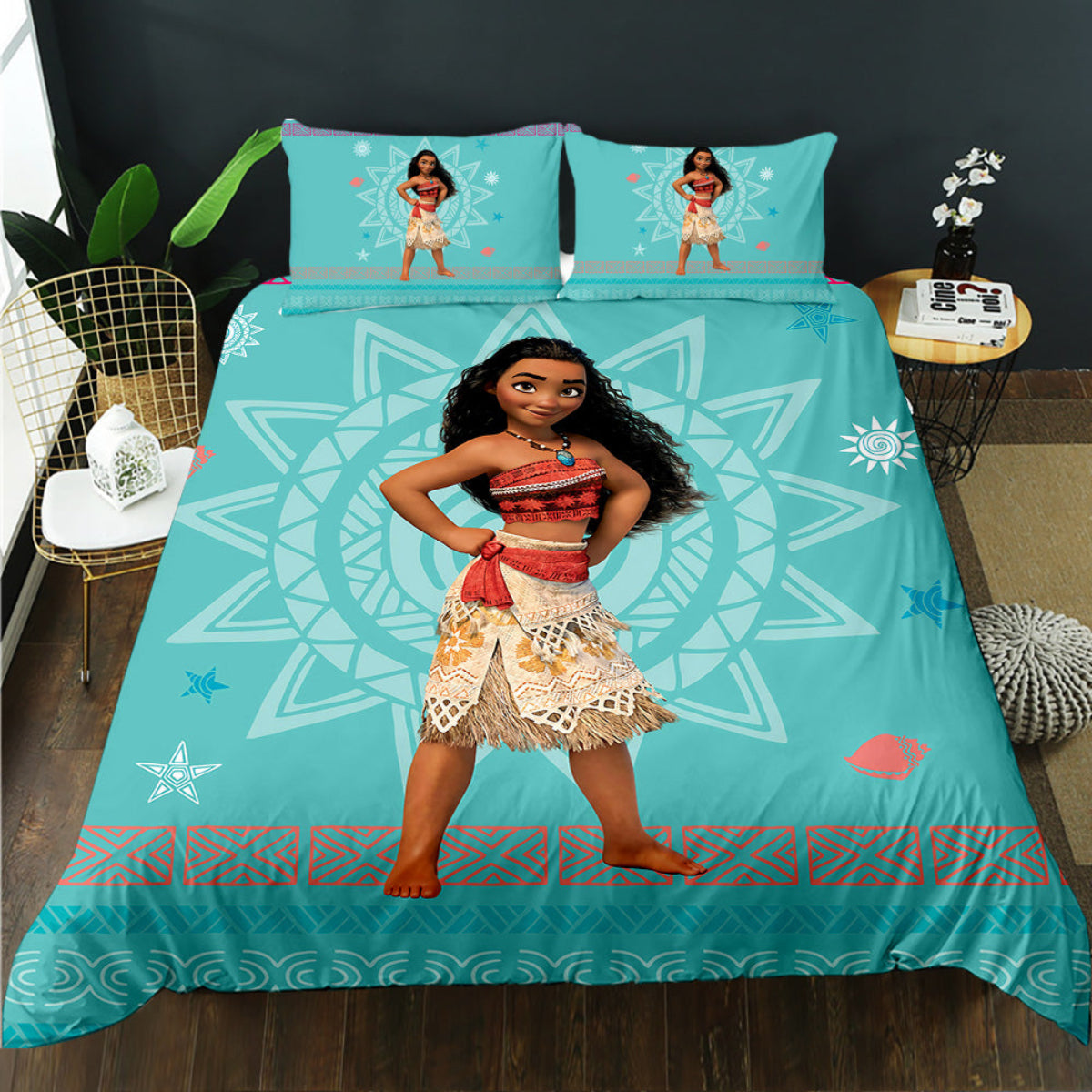 Bedding set with Moana design featuring a character in a room setting.