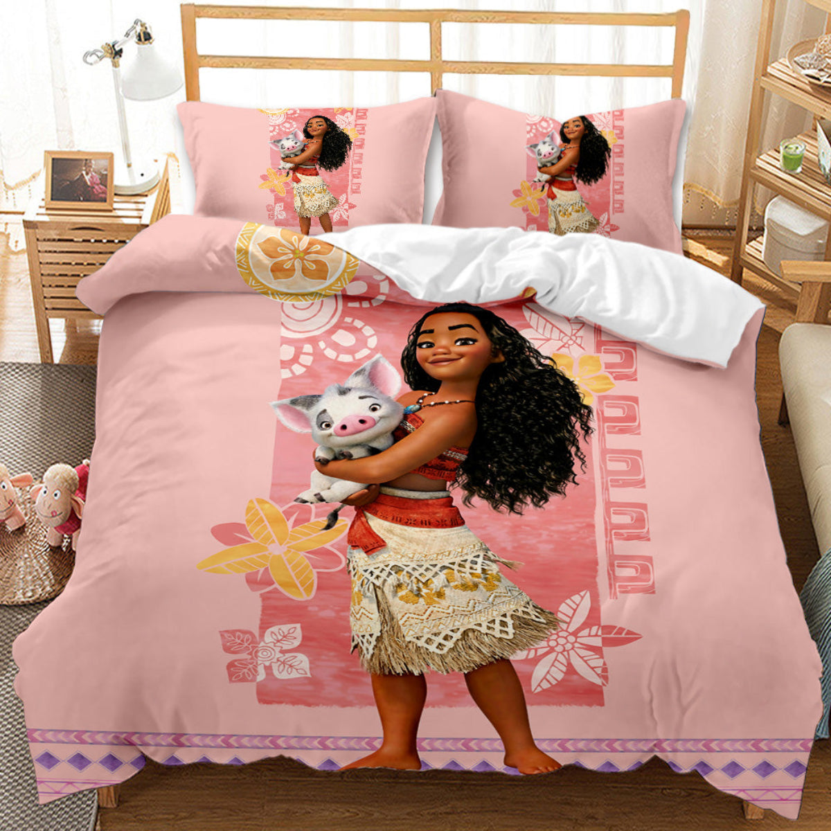 Bedding set with Moana design on a bed in a room setting