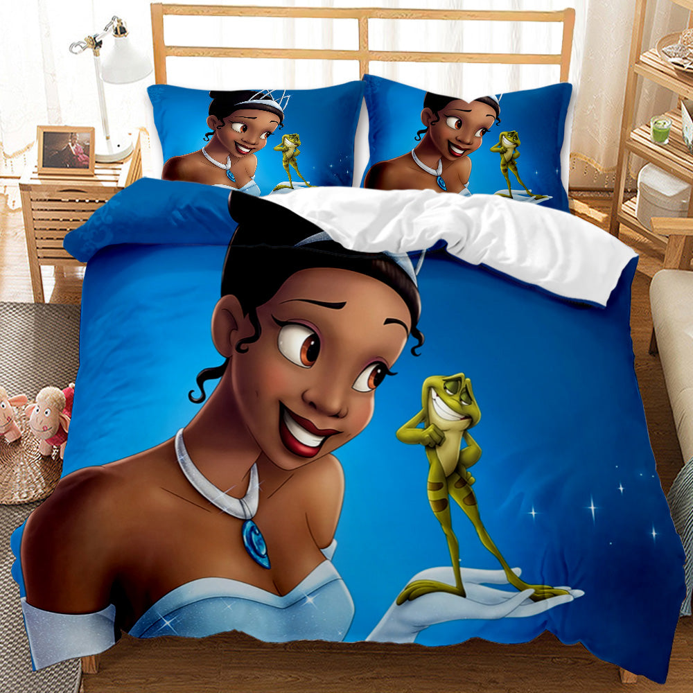 Bedding set with Princess and the Frog design featuring Tiana and a frog on a blue background.