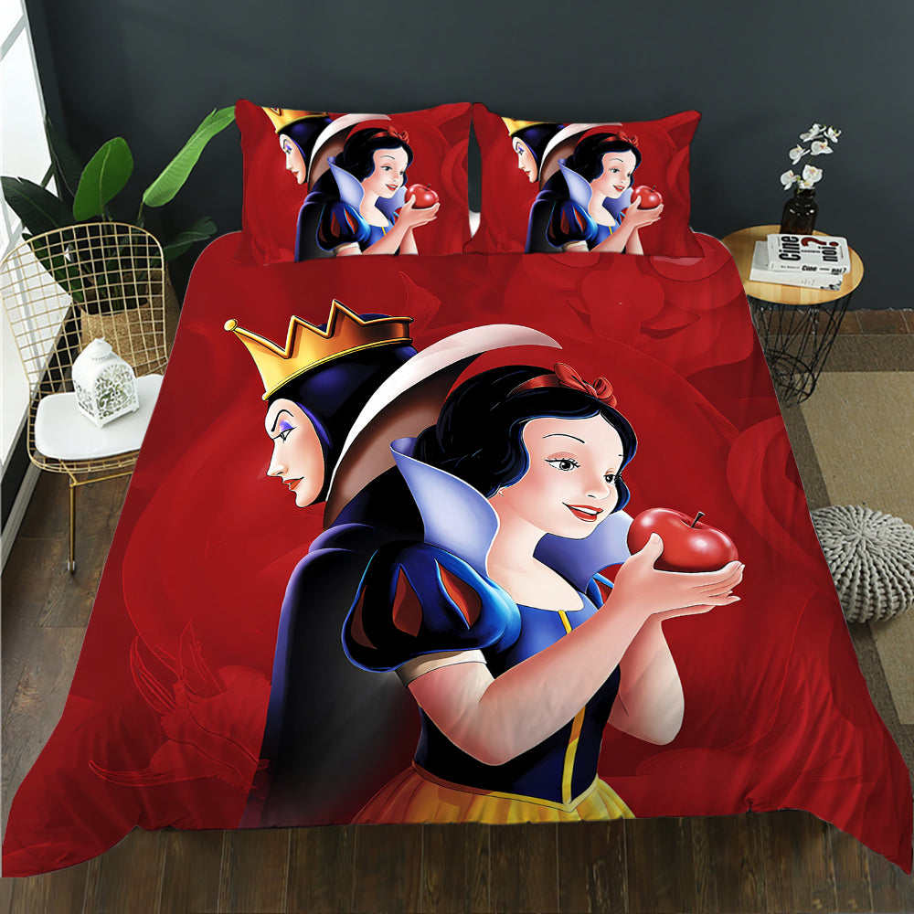 Bedding set with Snow White and Evil Queen design on a bed in a room.