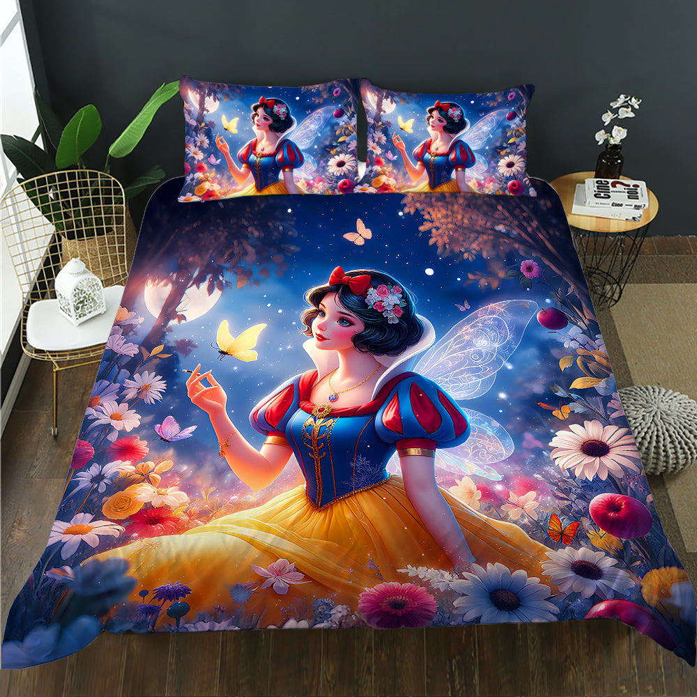Bedding set with Snow White design featuring flowers and butterflies on a dark blue background.