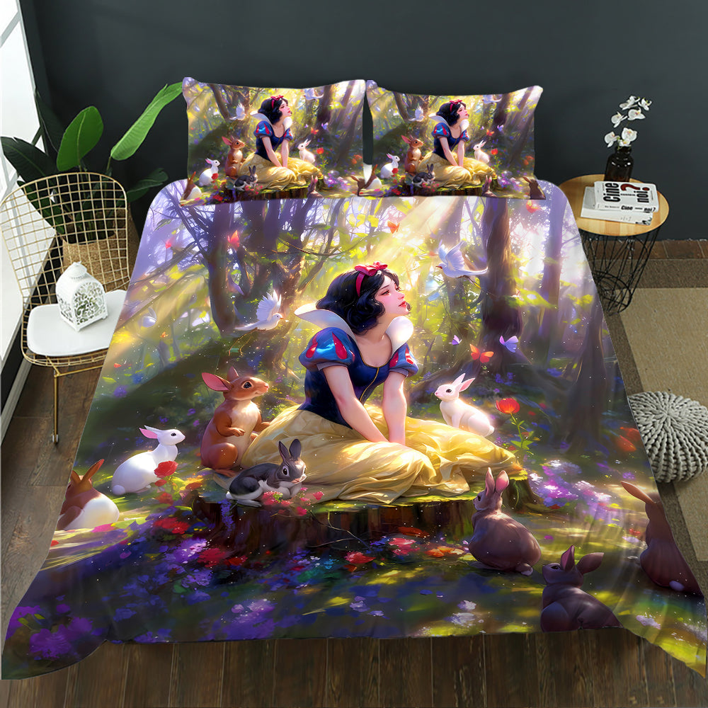 Bedding set with Snow White design featuring rabbits and flowers on a bed.