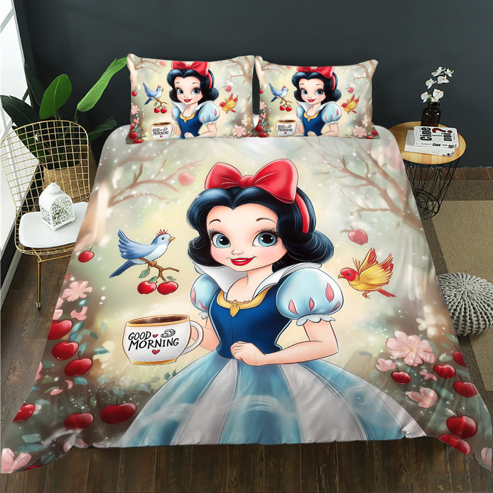 Bedding set with Snow White design featuring a cartoon character holding a 'Good Morning' mug.