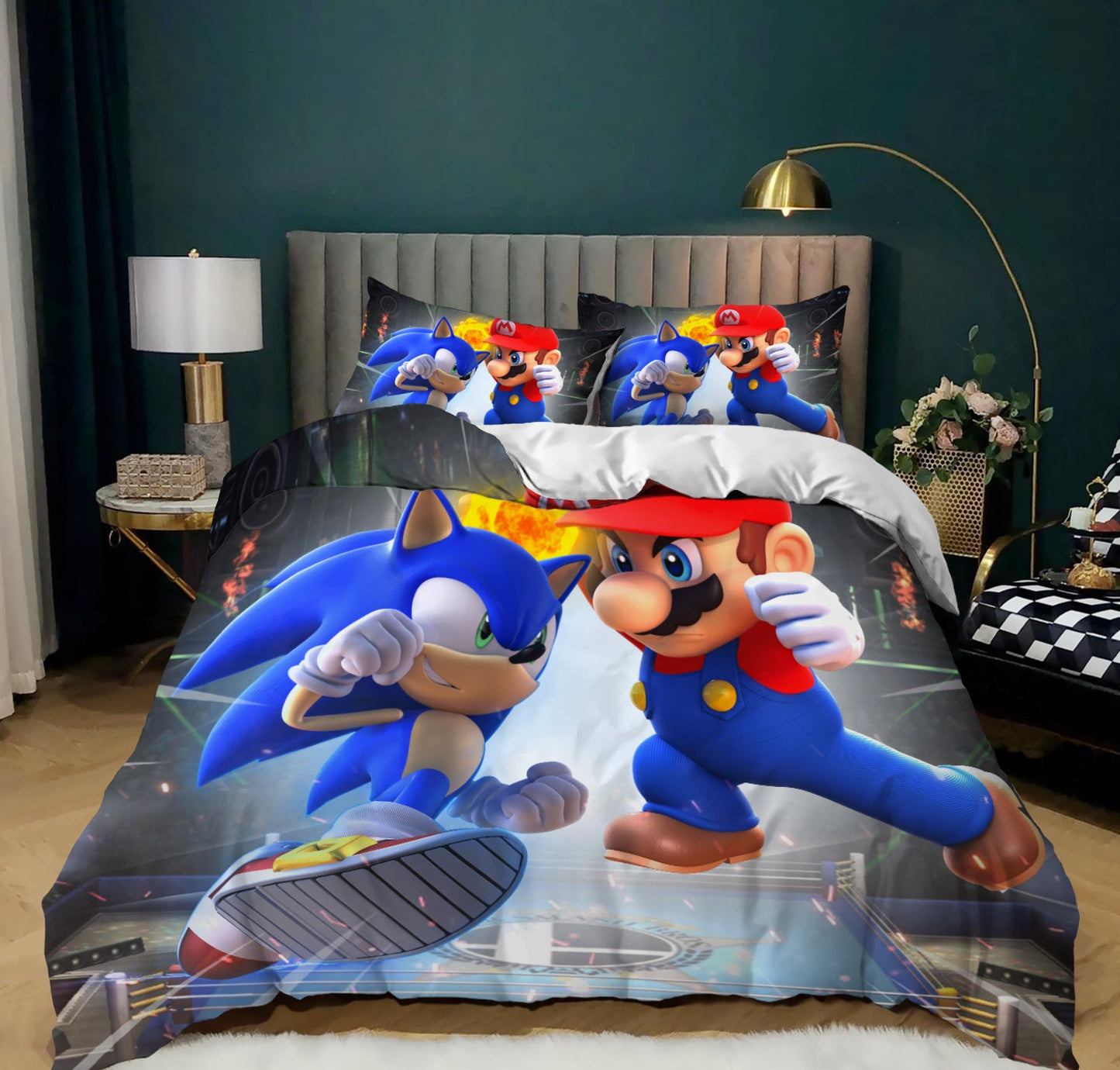 Bedding set with Sonic the Hedgehog and Mario characters on a bed.