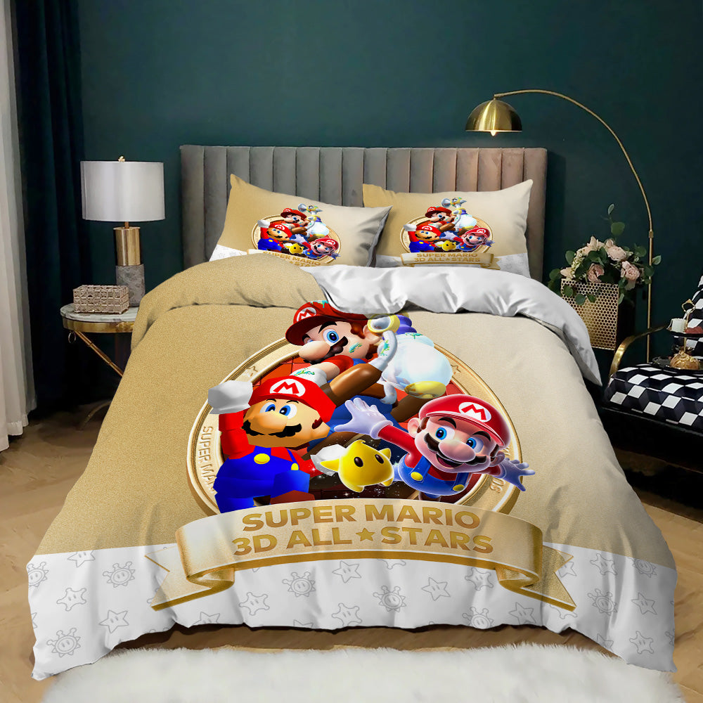 Bedding set with Super Mario design on a bed in a bedroom setting.