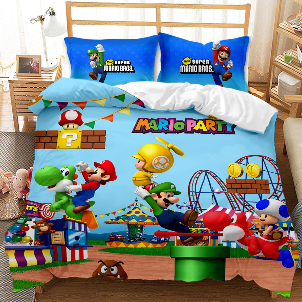 Bedding set with Super Mario design on a bed in a room.