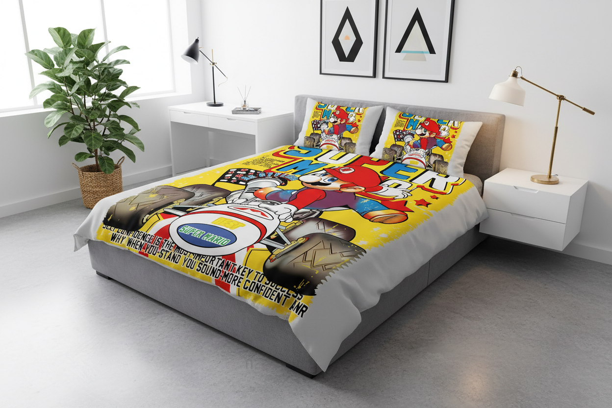 Bedding set with Super Mario design featuring Mario in a race kart on a bed.