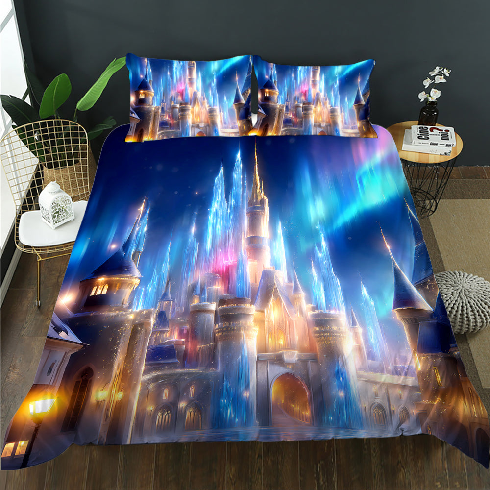 Bedding set with a castle design on a bed in a room.