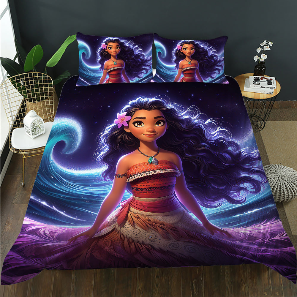 Bedding set with an animated character design featuring a girl with long hair and a flower in her hair.