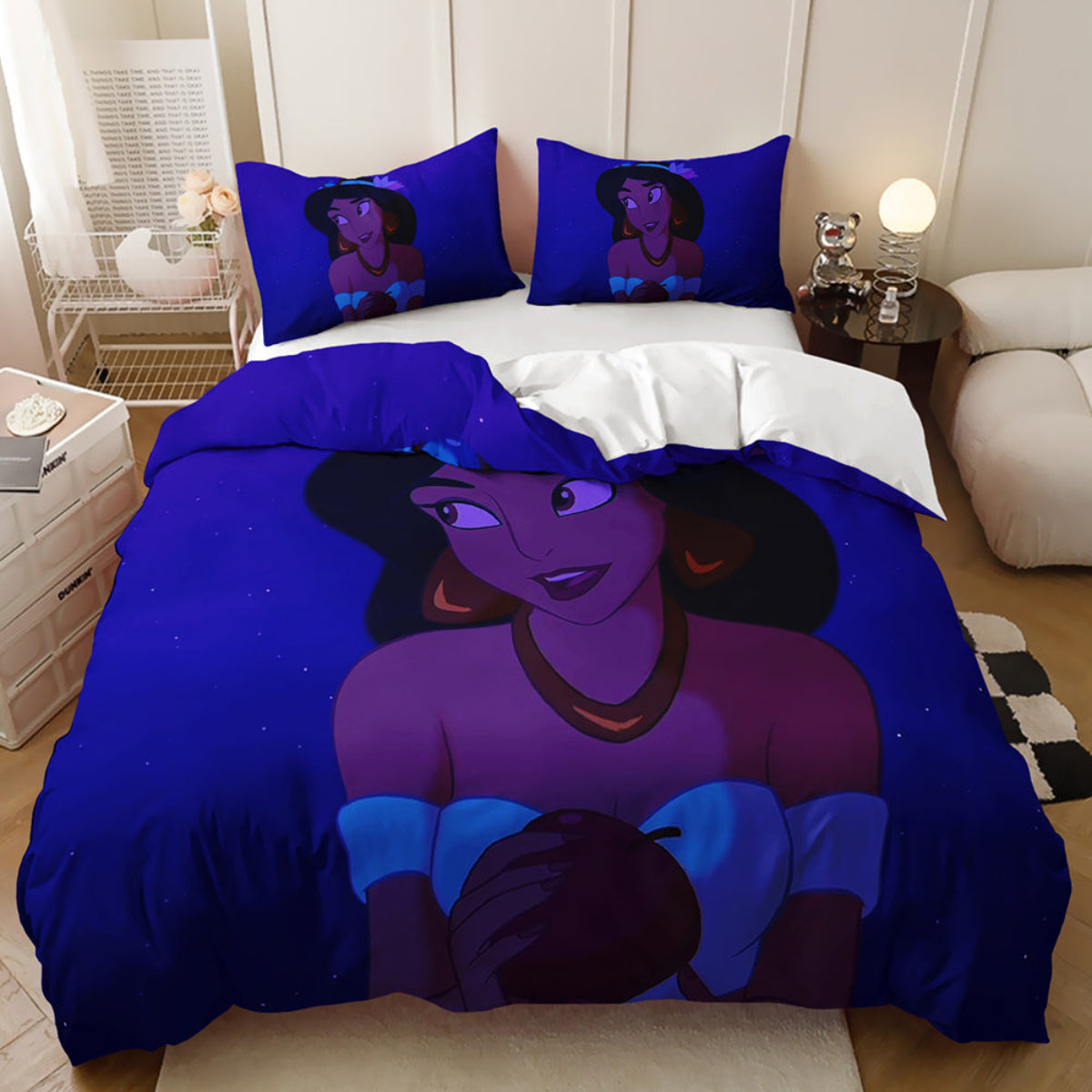 Bedding set with cartoon character design in a bedroom setting