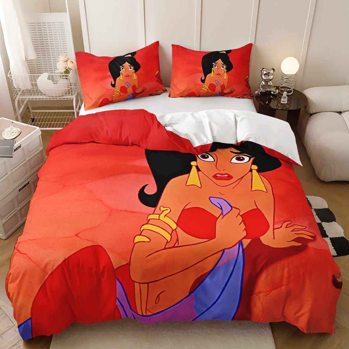 Bedding set with cartoon character design on a bed in a room.
