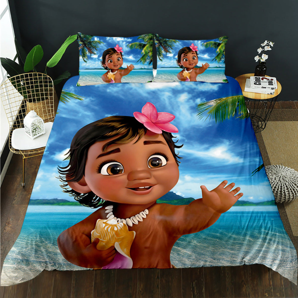 Bedding set with cartoon character on a beach scene, featuring a girl with a pink flower in her hair.