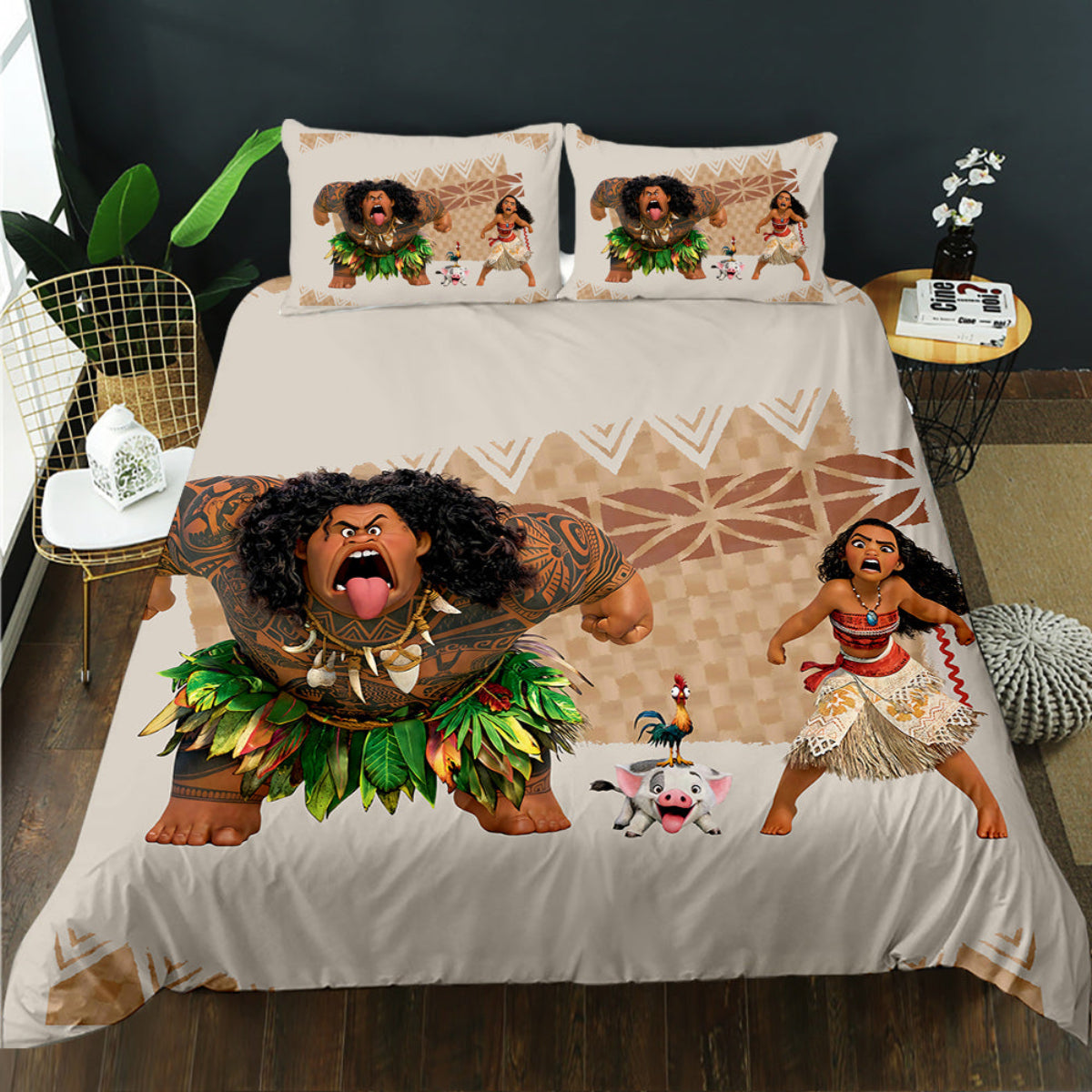 Bedding set with cartoon characters on a bed in a room.