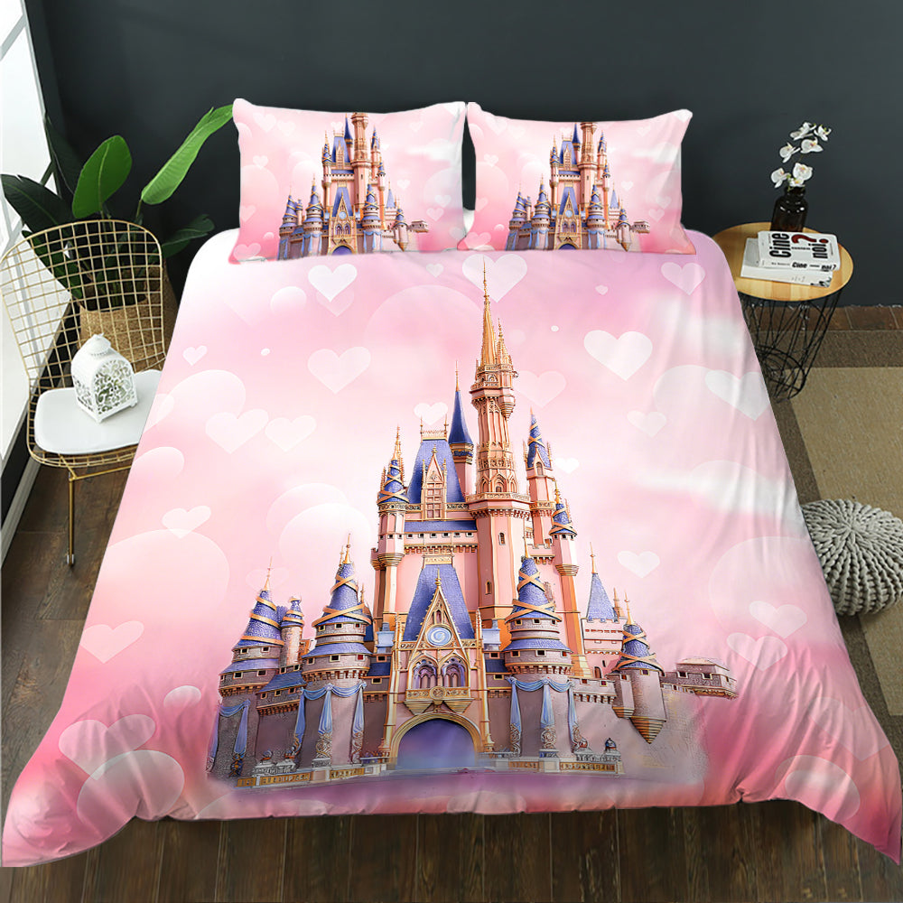 Bedding set with castle design on a pink background