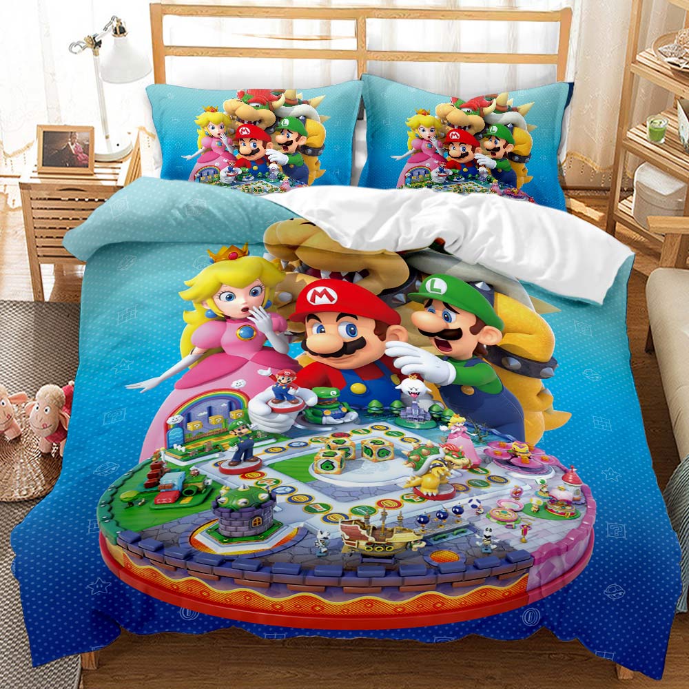 Bedding set with colorful cartoon characters on a bed